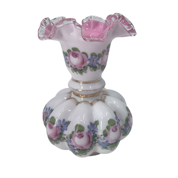 Vintage Fenton Hand Painted Ruffle Rim Charleton Peach Crest Melon Vase - Picture 1 of 8